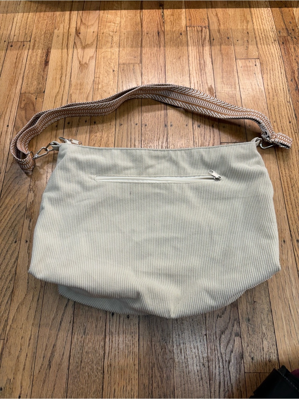 Casual Cream Corduroy Shoulder Bag with Patterned Strap